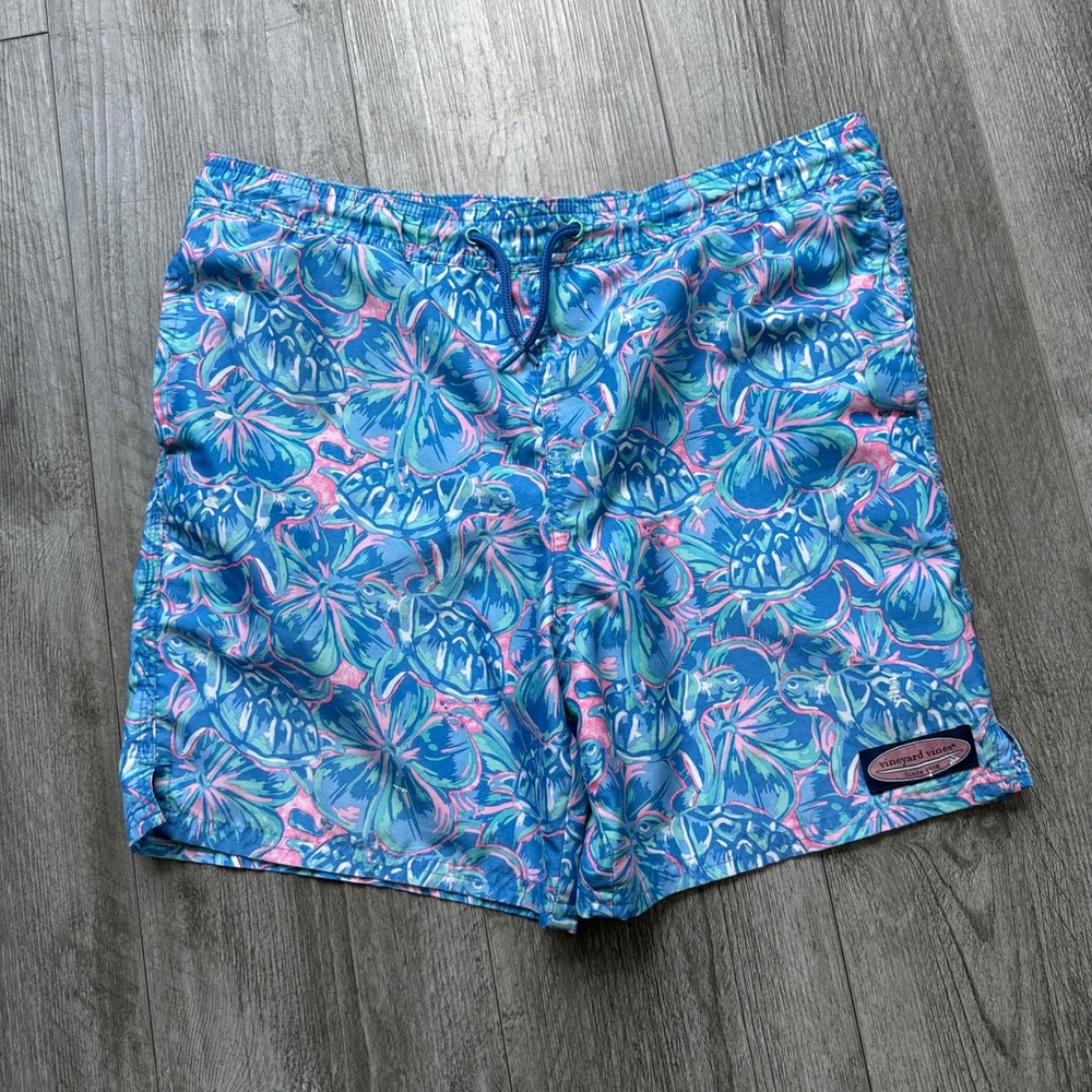 Vineyard Vines Boys Chappy Swim Trunks M 12-14 Floral Tropical Drawstring